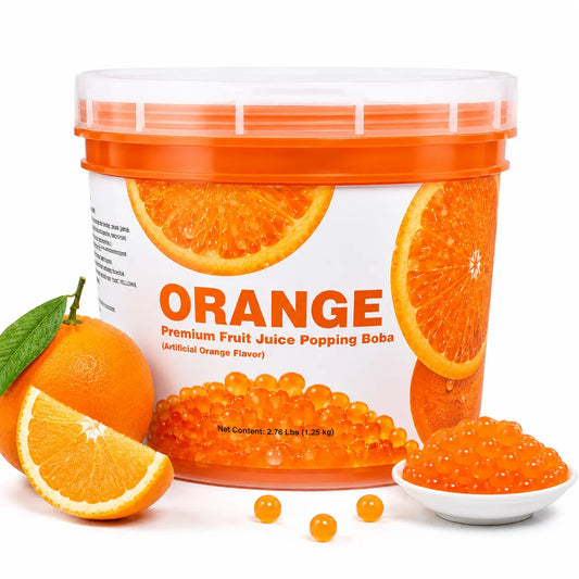 Orange Juice Popping Boba tub with orange slices and a bowl of orange pearls.