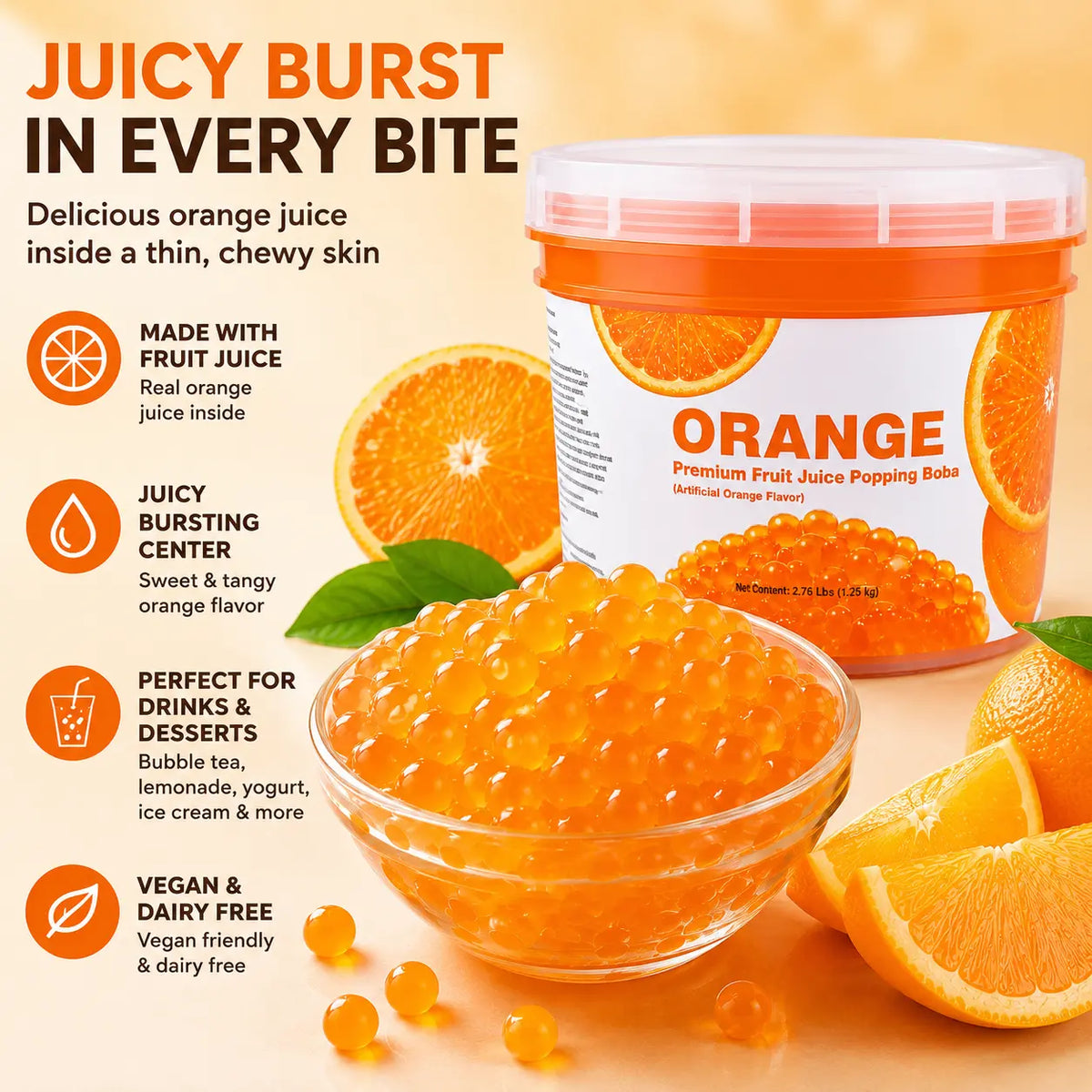Orange Juice Popping Boba tub and a close-up bowl of pearls with orange slices.