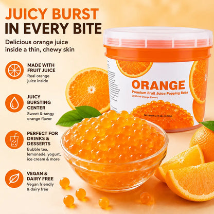 Orange Juice Popping Boba tub and a close-up bowl of pearls with orange slices.