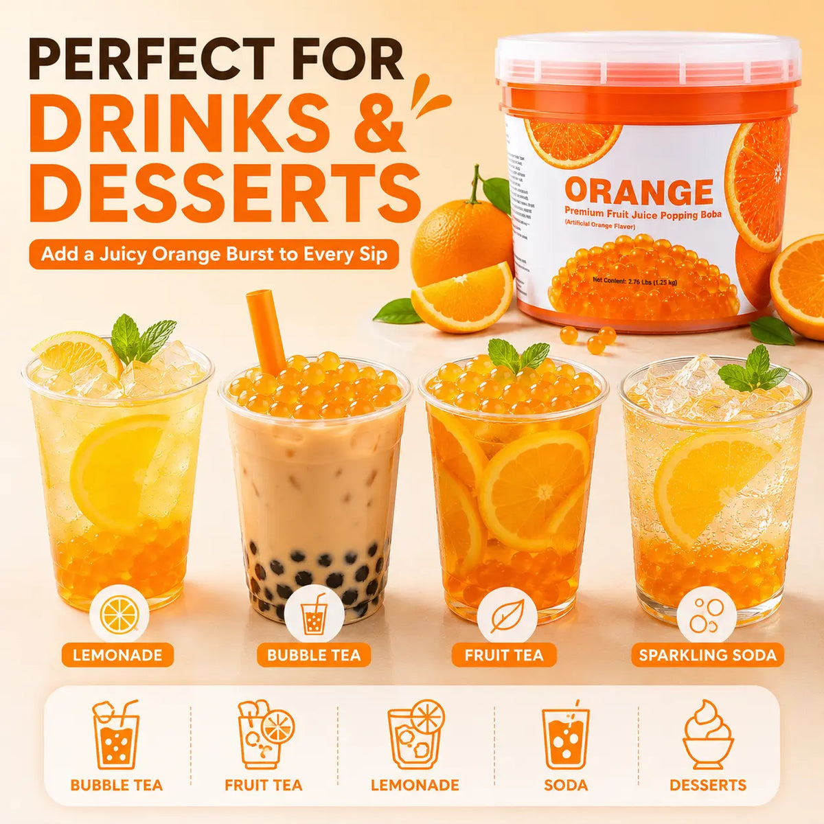 Orange popping boba serving ideas in lemonade, bubble tea, fruit tea and sparkling soda.