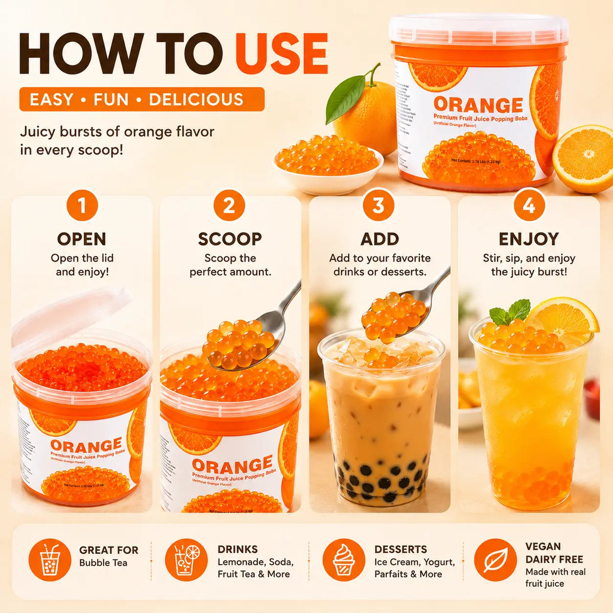 Orange Juice Popping Boba preparation guide showing open, scoop, add and enjoy steps.