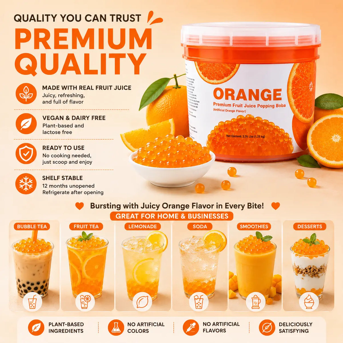 Orange Juice Popping Boba product information graphic with tub, pearls and serving ideas.