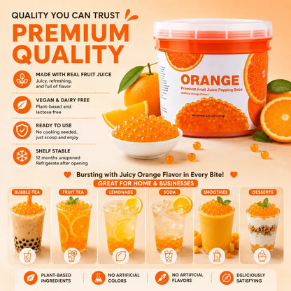 Orange Juice Popping Boba product information graphic with tub, pearls and serving ideas.
