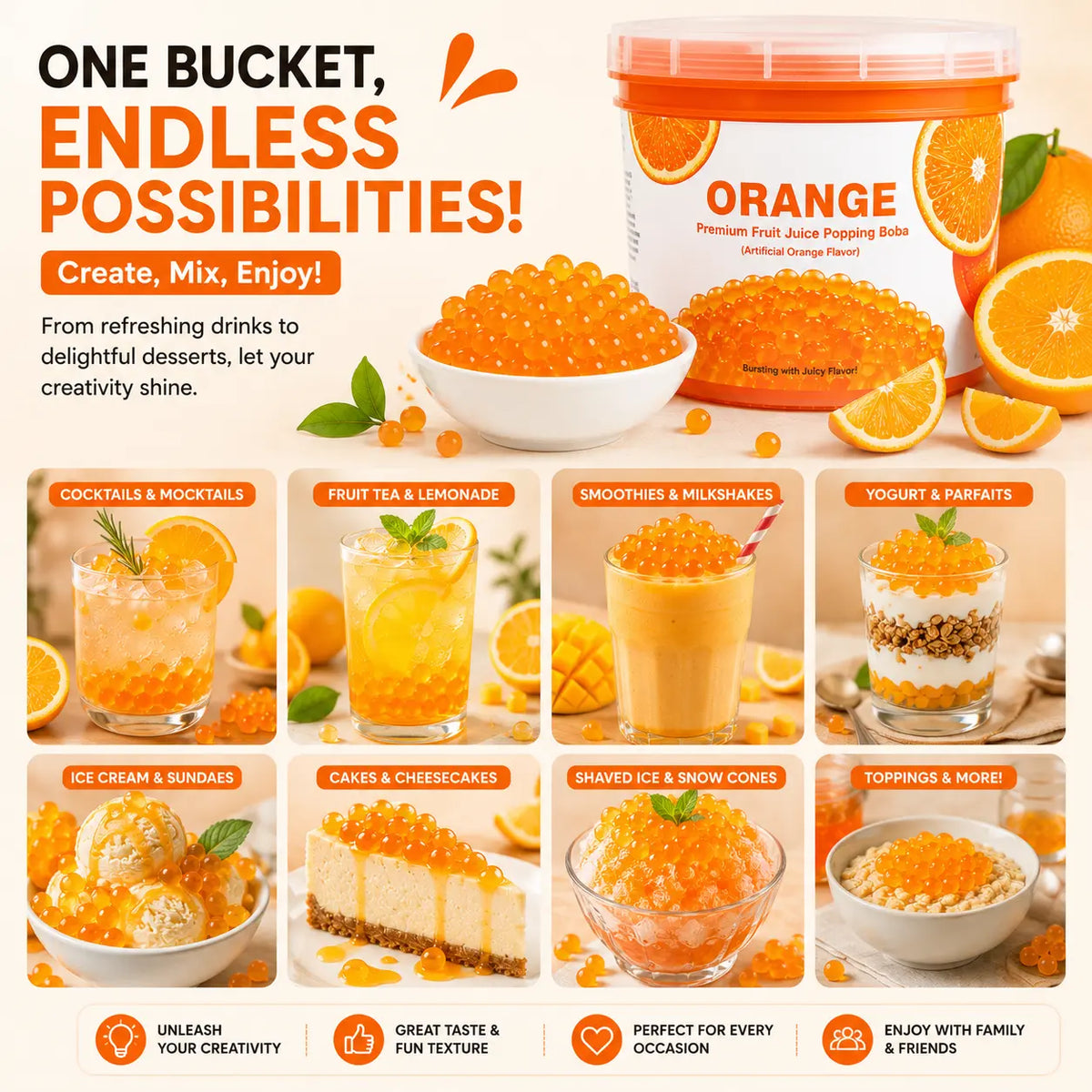 Orange popping boba ideas for fruit drinks, smoothies, yogurt, ice cream, cakes and shaved ice.
