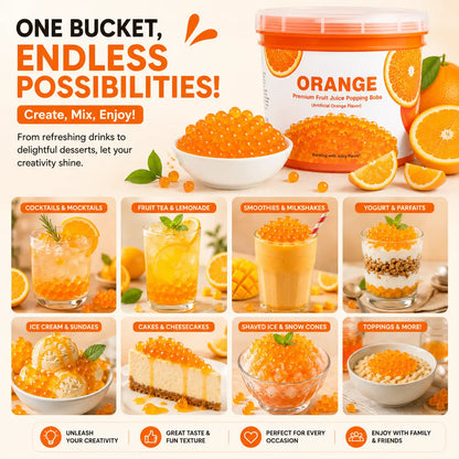 Orange popping boba ideas for fruit drinks, smoothies, yogurt, ice cream, cakes and shaved ice.