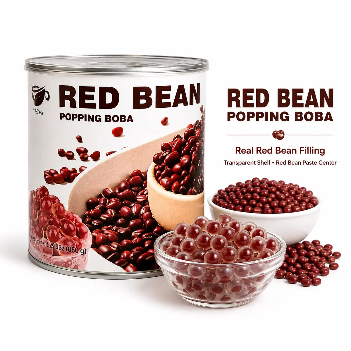T&Tea Red Bean Pulp Popping Boba can with a bowl of pearls and red beans.