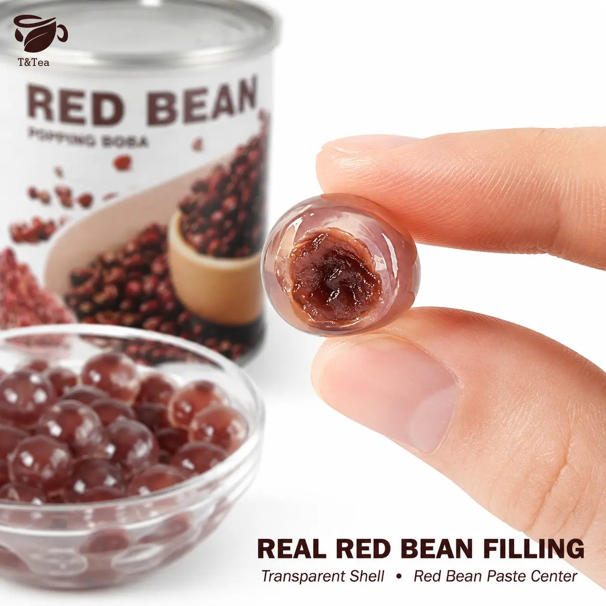 Close-up of a red bean popping boba pearl showing its red bean center.