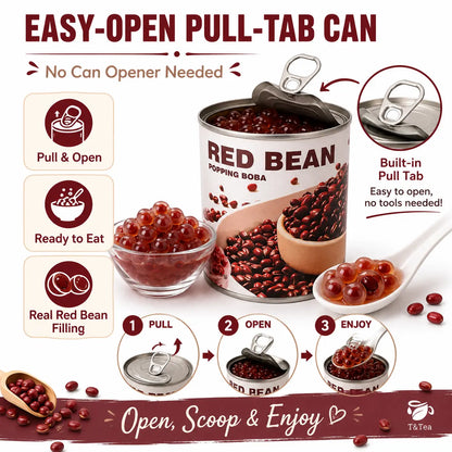 Red Bean Pulp Popping Boba pull-tab can with illustrated opening and serving steps.