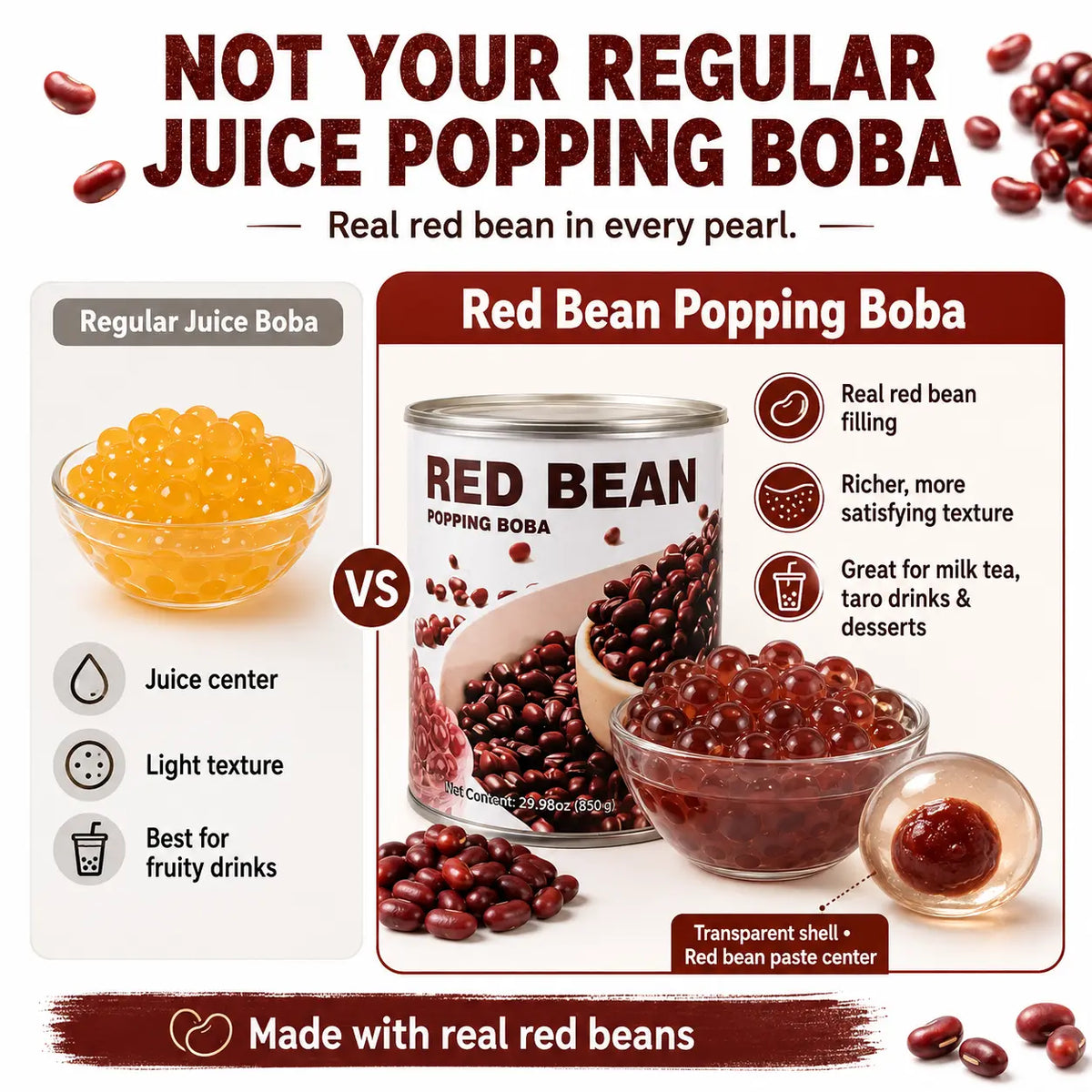 Comparison of red bean popping boba with juice-filled popping boba, showing pearl centers.