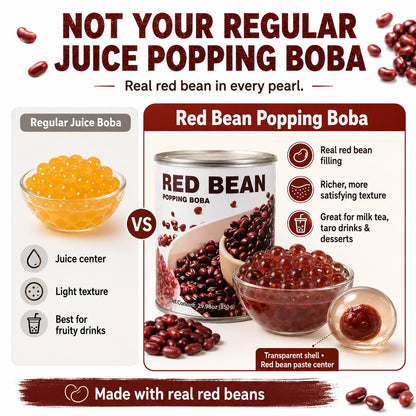 Comparison of red bean popping boba with juice-filled popping boba, showing pearl centers.