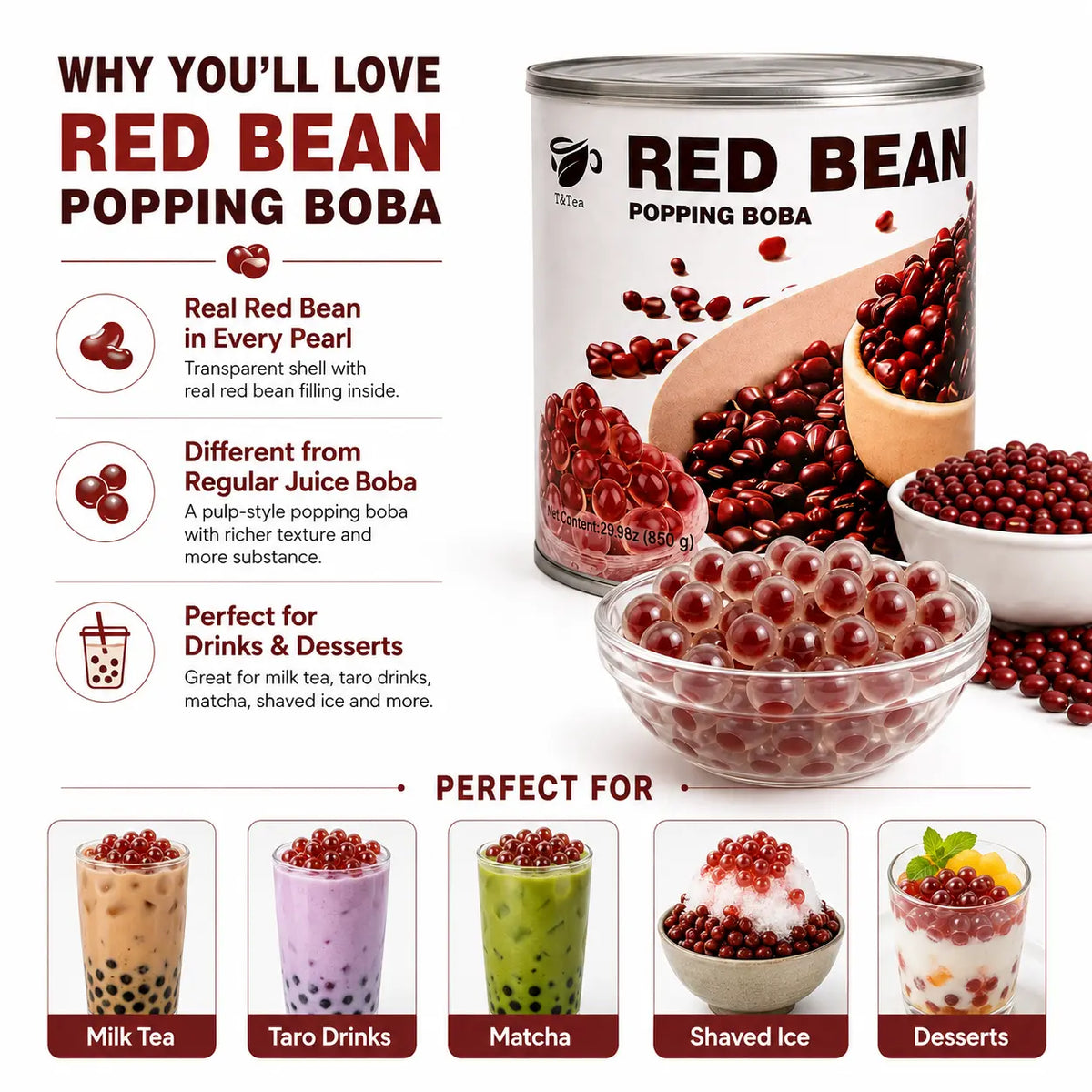 Red Bean Pulp Popping Boba can with serving ideas for milk tea, taro drinks, matcha and desserts.