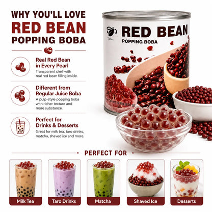 Red Bean Pulp Popping Boba can with serving ideas for milk tea, taro drinks, matcha and desserts.