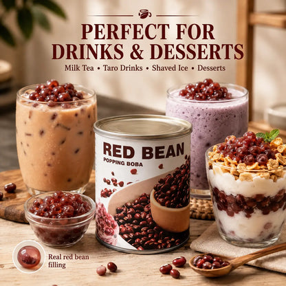 Red Bean Pulp Popping Boba served with milk tea, a purple drink and a layered dessert.