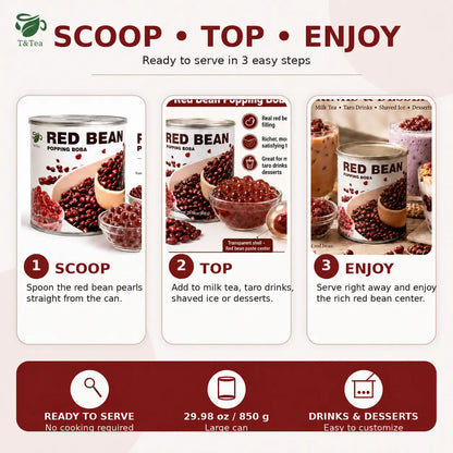 Three-step Red Bean Pulp Popping Boba serving guide: scoop, top and enjoy.